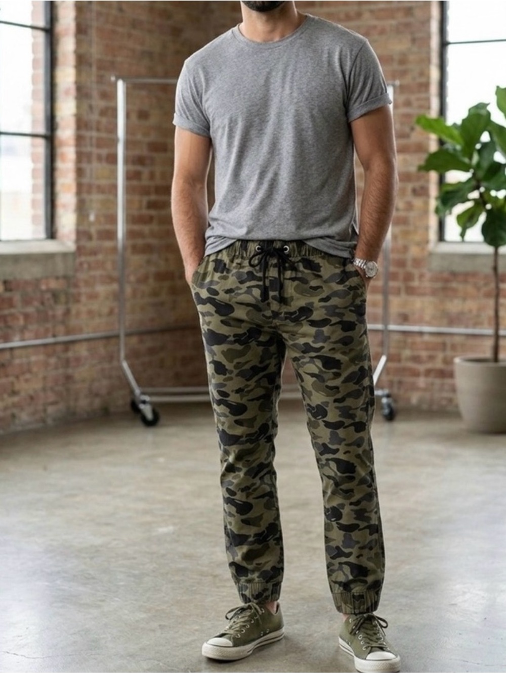 Divided Men's Camo Jogger Pants - Olive Camo size 36